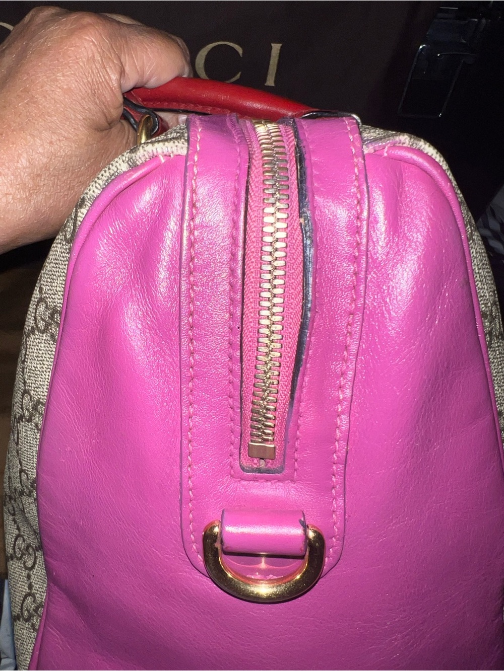 Gucci Beige GG Canvas Satchel with Pink Trim and Red 35 with strap - Picture 14 of 15